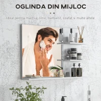 kleankin Oglindă de baie montată pe perete cu 2 rafturi laterale și raft inferior, din MDF și sticlă, 75x10x48 cm, alb(m-5)
