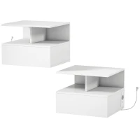 HOMCOM Set 2 Comodini Sospesi con Stazione di Ricarica, Cassetto e Ripiano Aperto, in Legno, 40x35x30 cm, Bianco(m-11)
