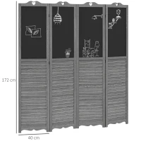 HOMCOM Biombo Separador de Ambientes Dobrável de 4 Painéis de Madeira com Quadros 162x172 cm Cinzento(m-3)