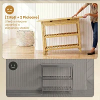 HOMCOM Cărucior de Bucătărie din Lemn de Bambus cu 2 Sertare, 2 Rafturi cu Șipci și 2 Roți, 100x43x75 cm, Culoare Lemn(m-6)