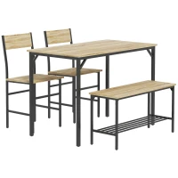 HOMCOM Square Dining Set for 4 Persons, Table, Chairs and Bench Included, Natural Wood Effect(m-1)