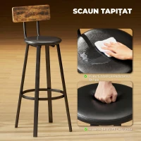 HOMCOM Set 2 Scaune de Bar în Stil Industrial cu Spătar, Șezut din Piele Ecologică și Suport pentru Picioare, Maro Rustic(m-4)