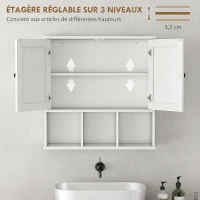 HOMCOM Armoire murale de salle de bain, meuble de rangement avec 2 portes, étagère réglable et compartiments ouverts, blanc(m-6)