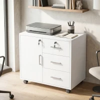 HOMCOM Caisson bureau meuble de rangement verrouillable avec 3 tiroirs et étagère réglable, roulettes, 40 x 60 x 56 cm, blanc(m-17)