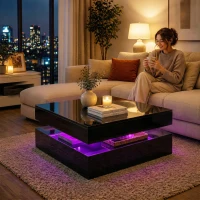 HOMCOM LED Coffee Table with Storage, 2-Tier Modern Centre Table with Open Shelf and Remote for Living Room, High Gloss Black(m-9)