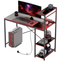 HOMCOM Escritorio Gaming de Fibra de Carbono con Luces LED 110x50 cm Tomas de Corriente Estantes y Control Remoto Negro(m-11)