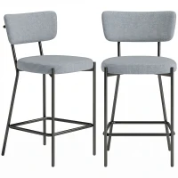 HOMCOM Set de 2 Scaune de Bar cu Spătar și Suport pentru Picioare din Metal și Material Textil, Gri Deschis(m-1)