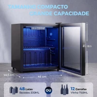 HOMCOM Frigorífico de Bebidas 50 L com Porta de Vidro Duplo Iluminação LED Prateleira Ajustável para 48 Latas(m-3)