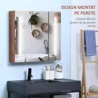 kleankin Oglindă de baie cu lumini LED reglabile, 2 uși și raft reglabil, 70x15x65cm, maro(m-4)
