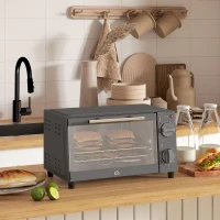 HOMCOM Mini Oven, 9L Countertop Electric Grill, Toaster Oven with Adjustable Temperature, Timer, Dishwasher Safe Baking Tray and Wire Rack, 750W, Grey(m-10)