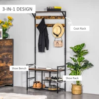 HOMCOM Coat Rack Stand Shoe Storage Bench with 9 Hooks Shelves for Bedroom Living Room Entryway Brown and Black 180cm(m-4)