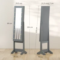 HOMCOM Espelho Joalheiro com Luzes LED Armário para Joias com Ângulo Ajustável  Prateleiras Ranuras para Anéis 36x30x136 cm Cinzento(m-3)