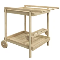 Outsunny Desserte de jardin chariot pour plancha barbecue en bois avec poignée 2 plateaux et porte-bouteilles naturel(m-12)