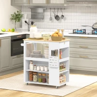 HOMCOM Cărucior Insulă de Bucătărie cu Rafturi Reglabile, Suport pentru Cuțite și Blat din Lemn, 86.5x47x88 cm, Alb(m-2)
