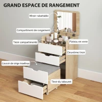 HOMCOM Coiffeuse avec miroir rabattable et tabouret de rangement, table de maquillage, 2 tiroirs, siège rembourré, chêne blanc(m-5)