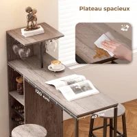 HOMCOM Ensemble table de bar avec tabourets, table à manger debout avec 2 chaises de bar étagères, casiers à vin, gris(m-5)