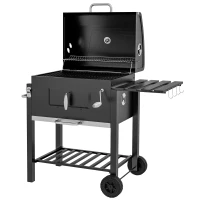 Outsunny Charcoal Grill BBQ Trolley with Adjustable Charcoal Grate, Garden Metal Smoker Barbecue with Shelf, Side Table, Wheels, Built-in Thermometer, Bottle Opener(m-1)