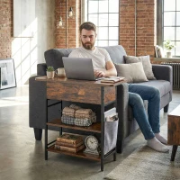 HOMCOM Table d'appoint bout de canapé avec station de charge et sac de rangement, 60 x 29,8 x 58,5 cm, brun rustique(m-9)