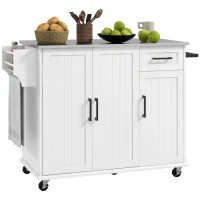 HOMCOM Insulă de Bucătărie cu Sertar, Dulap și 2 Rafturi Deschise, din MDF și Oțel Inoxidabil, 128x45,5x91,5 cm(m-11)