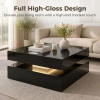 HOMCOM LED Coffee Table with Storage, 2-Tier Modern Centre Table with Open Shelf and Remote for Living Room, High Gloss Black(m-5)