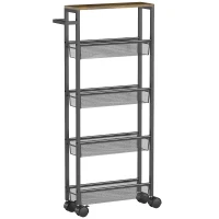 HOMCOM Küchenwagen Servierwagen mit 5 Ebenen, Rollwagen Küchenregal mit Arbeitsplatte, Rollen Griff 47 x 13 x 96,5 cm, Schwarz(m-1)
