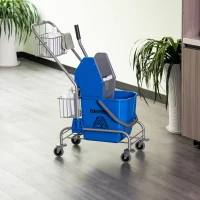 HOMCOM Cărucior de Curățenie Profesional cu Găleată de 26L pentru Mop, Stoarcător și Coșuri din Plasă, Albastru(m-8)