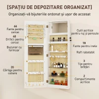 HOMCOM Dulap pentru bijuterii de perete sau pentru ușă, cu oglindă interioară și LED, cu încuietoare și cheie, buzunar cu fermoar, alb(m-6)