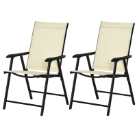 Outsunny Set of 2 Folding Garden Chairs - Metal Frame Outdoor Patio Park Dining Seats with Breathable Mesh Seat, Beige(m-11)