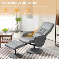 HOMCOM Swivel Recliner Chair with Footstool, PU Leather Armchair and Ottoman with High Back and Round Base for Living Room, Light Grey(m-4)