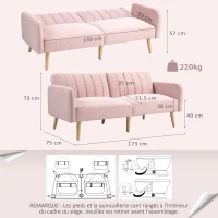 HOMCOM Canapé Convertible 2 Places Design scandinave Dossier inclinable 3 Positions Pieds Bois Tissu Aspect Lin Rose(m-3)