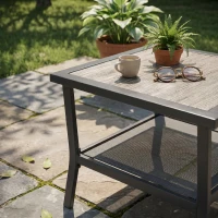 Outsunny Set de Grădină cu 6 Scaune Stivuibile din Material Textil de Plasă și Masă cu Aspect de Lemn, Gri(m-5)