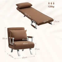 HOMCOM Sillón Cama Individual 2 en 1 Sofá Cama Plegable con Respaldo Ajustable y Cojín para Sala Dormitorio 65x69x80 cm Marrón(m-3)
