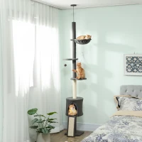PawHut Árvore para Gatos de Teto Alta 220-240 cm com Rede Casinha Plataformas em Flor e Postes em Sisal Cinza(m-2)