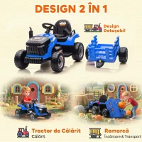 AIYAPLAY 2 în 1 Tractor Electric pentru Copii 3-8 Ani cu Remorcă Detașabilă, Telecomandă, Muzică, Lumini, Albastru(m-5)