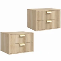 HOMCOM Modern Floating Nightstands Set of 2, Wall Mounted Bedside Tables with 2 Drawers, Oak(m-1)