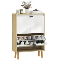 HOMCOM Meuble à chaussures, armoire à chaussures étroite, 2 tiroirs rabattables, portes haute brillante, 60x24x91cm, blanc(m-12)