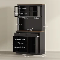 HOMCOM Dulap Înalt de Bucătărie cu 4 Dulapuri, 2 Sertare și Blat Central, 100x40x180 cm, Negru(m-3)