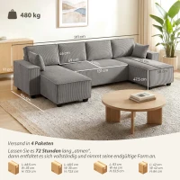 HOMCOM Ecksofa mit Doppel-Chaiselongues, U-förmiges Sofa aus Cordstoff mit breitem und tiefem Sitz, Federkernkissen, Hellgrau(m-3)