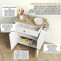 HOMCOM Insulă de Bucătărie cu Sertar, Dulap, Suport pentru Condimente și Prosoape, 106x42x87 cm, Alb și Stejar(m-5)
