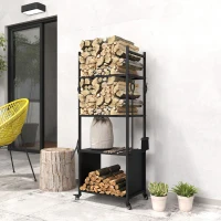 Outsunny 4-Ebenen-Feuerholzregal mit Rädern und 4 Werkzeugen, Brennholzregal aus Metall für den Innen- und Außenbereich, Schwarz(m-9)