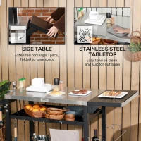 Outsunny Cărucior pentru grătar cu masă pliabilă din oțel inoxidabil, 2 roți și accesorii, 125x65x84 cm, negru(m-9)
