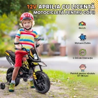 AIYAPLAY Motocicletă Electrică pentru Copii 3-8 Ani, 2 Motoare 12V, Roți Ajutătoare Detașabile, 30 kg, Galben(m-8)
