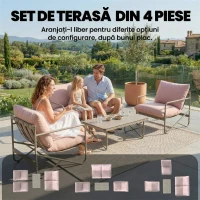 Outsunny Set de Grădină cu 4 Piese, Canapea, 2 Fotolii și Măsuță de Cafea Roz(m-4)