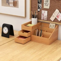 HOMCOM Lot de 2 boîtes de Rangement de Bureau - Organiseur de Bureau - 7 Compartiments, 2 tiroirs - Bambou Verni(m-8)
