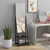HOMCOM Free Standing Dressing Mirror, Rolling Full Length Mirror on Wheels with Adjustable Angle, Storage Shelves for Bedroom(m-10)