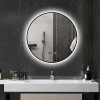 HOMCOM Oglindă de baie cu lumină LED reglabilă, antiaburire și afișaj pentru oră și temperatură, Ø70 cm, negru(m-2)