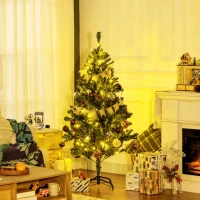 HOMCOM 5' Artificial Prelit Christmas Trees Holiday Décor with Warm White LED Lights, Decoration, Banner, Tag, Ball(m-2)