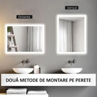 kleankin Oglinda de Baie Iluminata 800 x 600 mm cu Iluminare din Spate cu Lumini LED, Oglinda de Baie de Perete cu 3 Lumini, Intrerupator Tactil Reglabil, Folie de Dezaburire, Orizontala/Verticala(m-8)