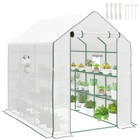 Outsunny Walk-in Greenhouse with 3 Tier Shelves, Outdoor Green House Garden Grow House with Reinforced PE Cover, Roll-up Door and Mesh Windows, 140 x 213 x 190cm, White(m-11)