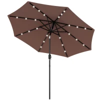 Outsunny Φ2.7m Garden 24 LED Light Parasol Solar Outdoor Tilt Sun Umbrella Patio Club Party Event Manual Sun Shade w/ Hand Crank and 8 Ribs, Brown(m-1)